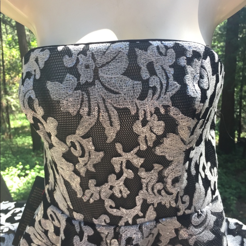 Bebe strapless  bustier embroidered on mesh mini prom dress - Picture 2 of 12